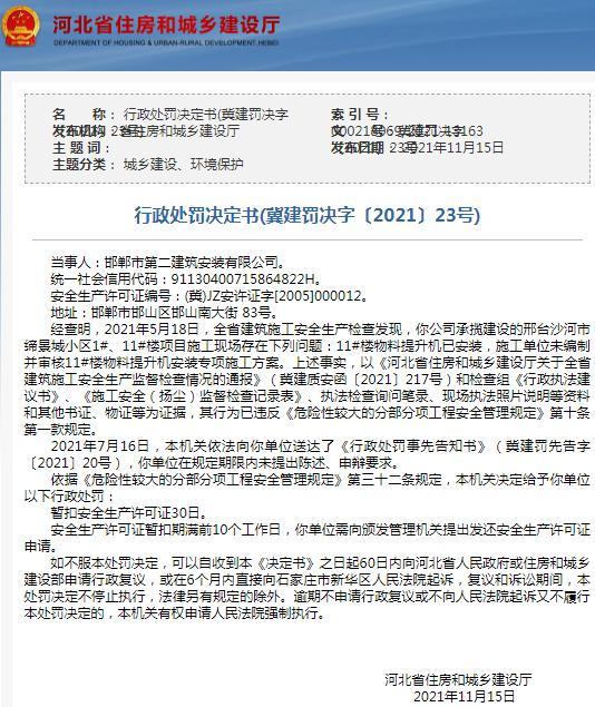 邯郸市第二建筑安装有限公司因安全管理不规范被暂扣安全生产许可证