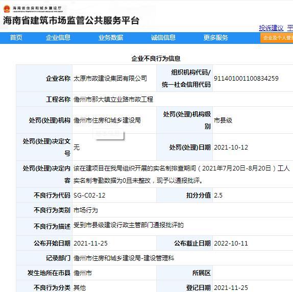 太原市政建设集团有限公司因一项目管理不规范被通报批评