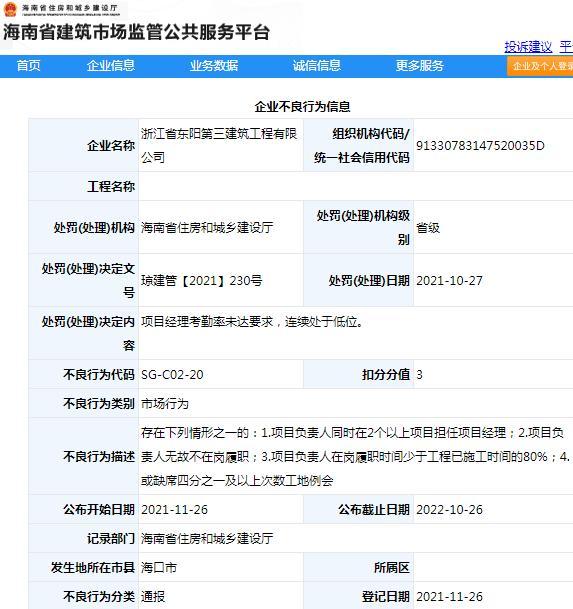 浙江省东阳第三建筑工程有限公司因项目管理不规范被通报批评