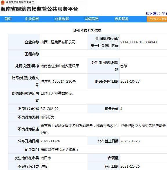 项目管理不规范 山西二建集团有限公司遭通报批评扣4分
