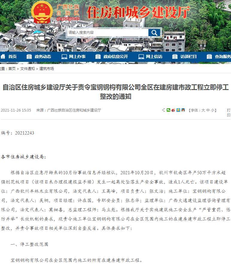 宝钢钢构有限公司因一项目发生致死生产安全事故被责令停工整改