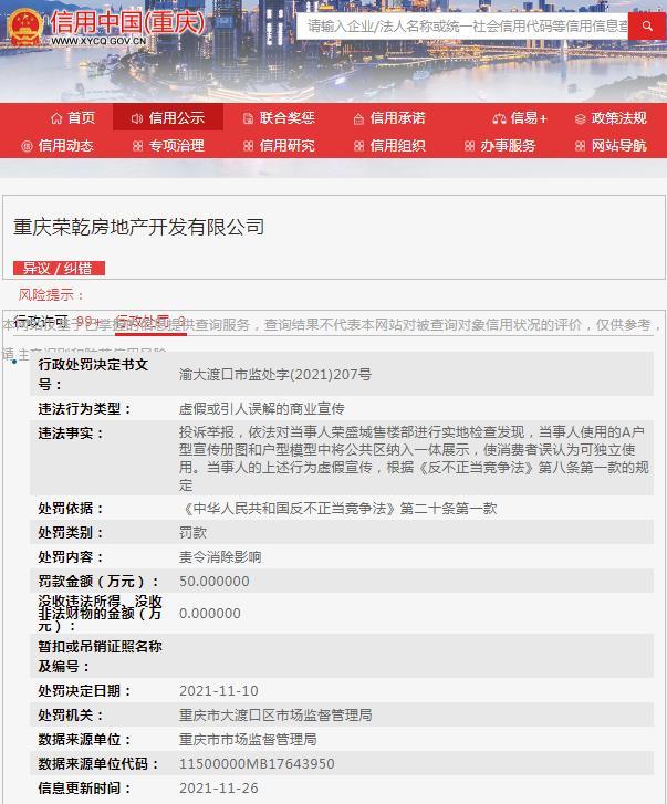 重庆荣乾房地产开发有限公司因虚假宣传被罚50万元