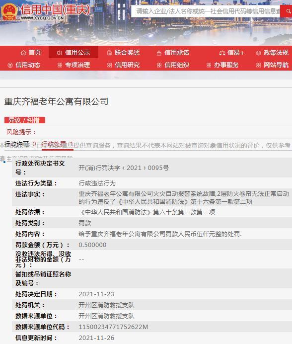存安全隐患 重庆齐福老年公寓有限公司遭罚