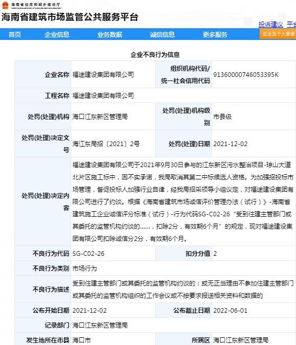 福途建设集团有限公司违规招投标被通报批评