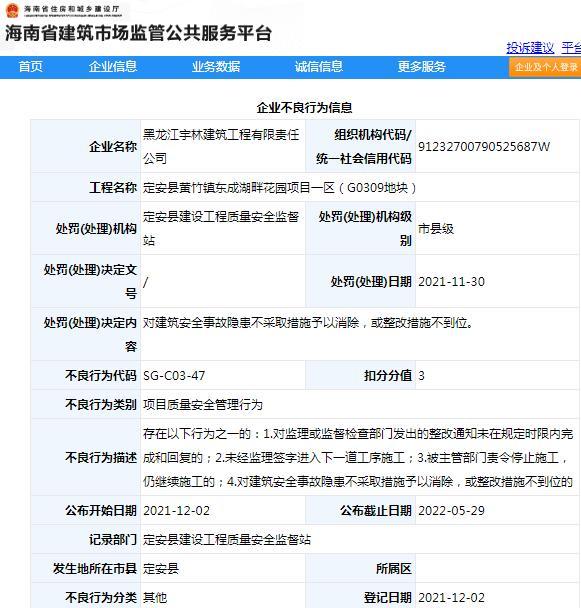 质量安全管理不规范 黑龙江宇林建筑工程有限责任公司被扣3分