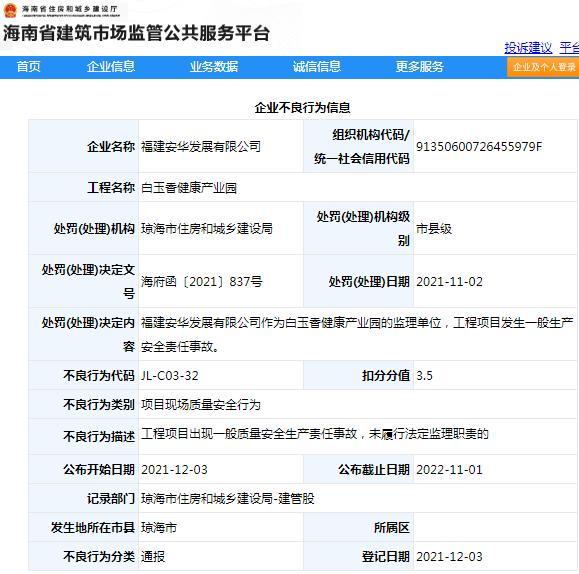 白玉香健康产业园工程发生安全事故 监理单位福建安华发展有限公司被通报批评扣3.5分