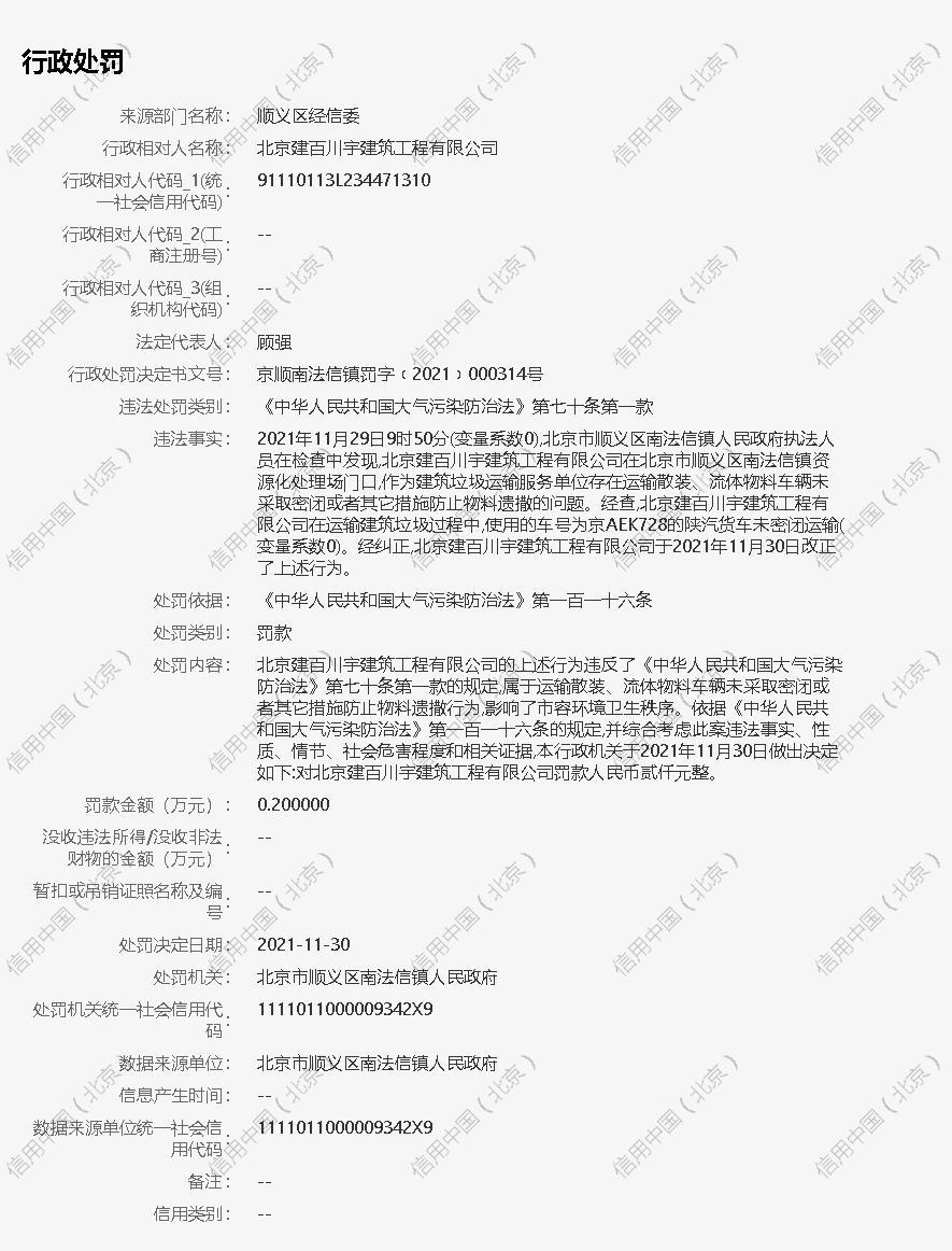 北京建百川宇建筑工程有限公司因运输建筑垃圾遭罚
