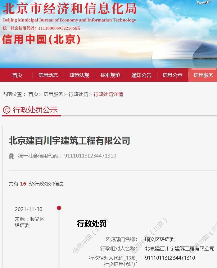 北京建百川宇建筑工程有限公司因违规运输建筑垃圾遭罚