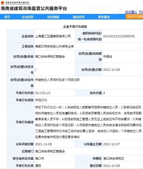 上海建工五建集团有限公司因项目管理不规范被通报批评 扣4分