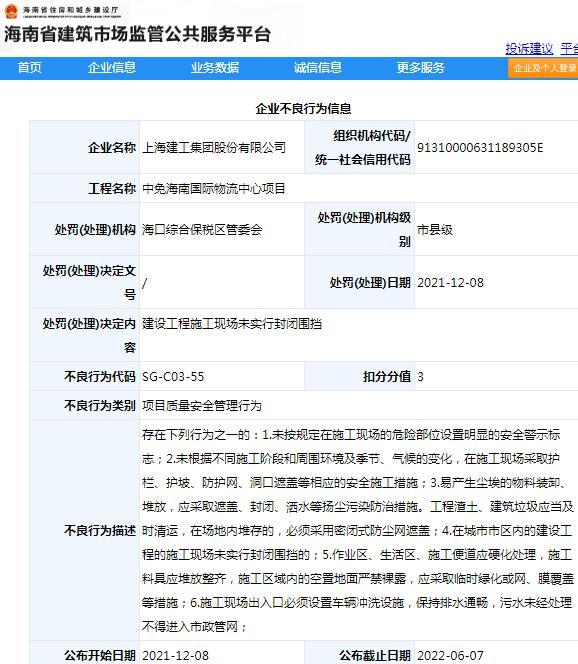 质量安全管理不规范 上海建工集团股份有限公司被通报批评