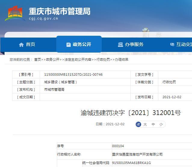 重庆怡置星茂房地产开发有限公司因违法建设被罚超19万元