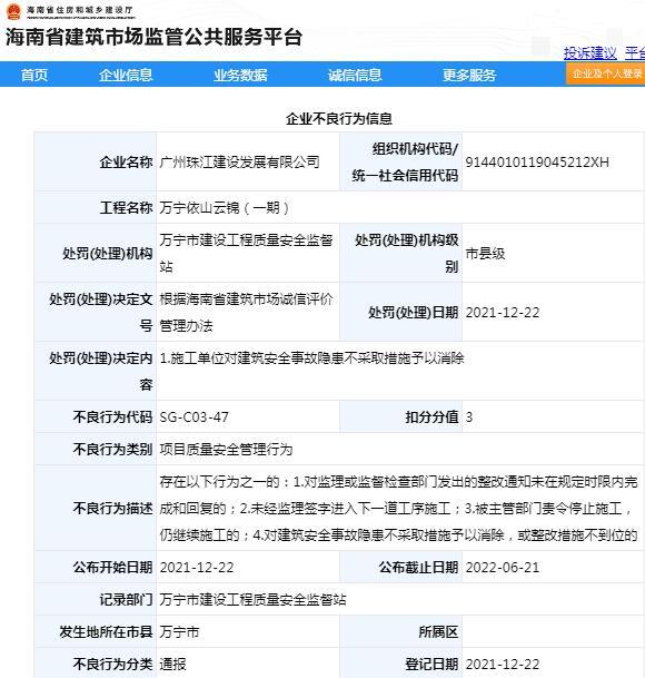 广州珠江建设发展有限公司因万宁依山云锦项目质量安全管理不规范被通报批评