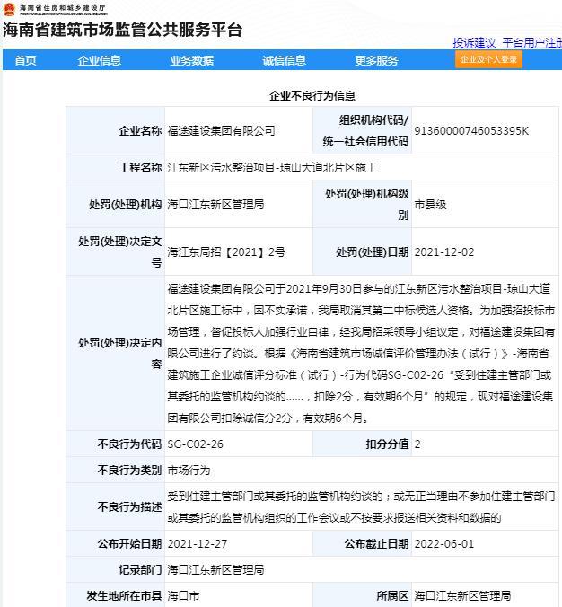 福途建设集团有限公司因不实承诺被取消第二中标候选人资格