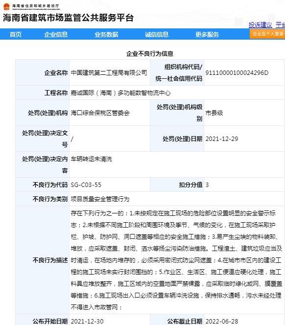 项目管理不规范 中国建筑第二工程局有限公司被扣3分