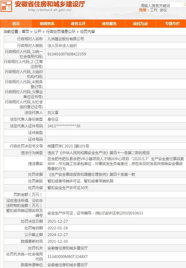 未及时发现并排除安全隐患 九洲基业股份有限公司被暂扣安全生产许可证