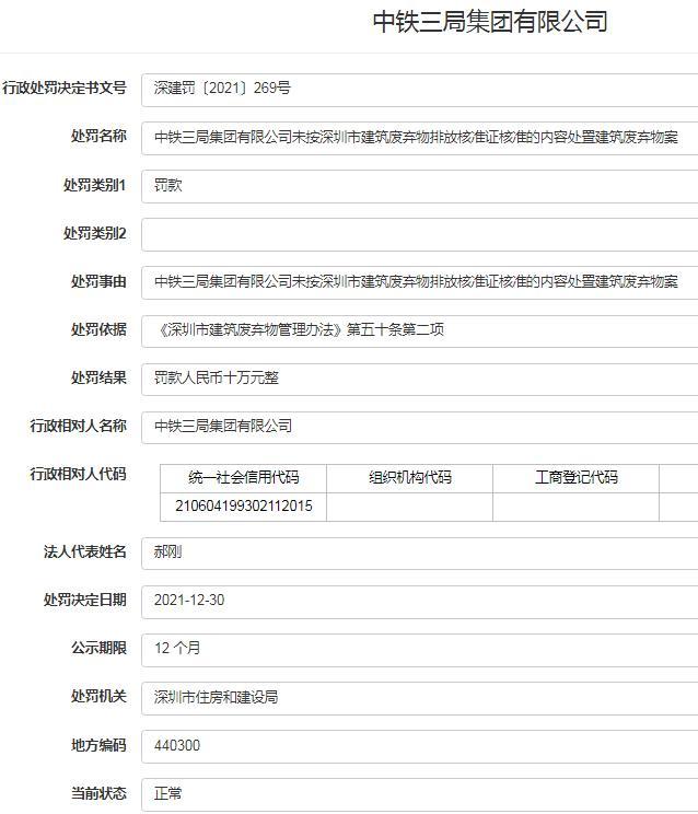 未按标准处置建筑废弃物 中铁三局集团有限公司被罚10万元