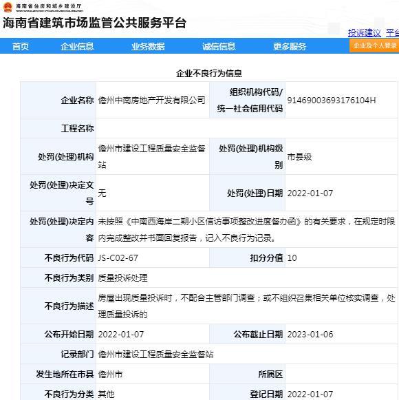 儋州中南房地产开发有限公司因未及时完成整改被扣10分