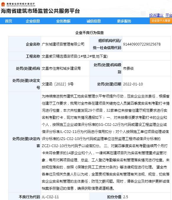广东城建项目管理有限公司因文昌紫贝精选酒店项目管理不规范被通报批评