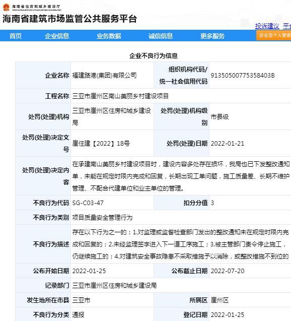 项目质量安全管理不规范 福建路港(集团)有限公司被通报