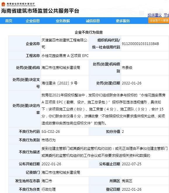 天津第四市政建筑工程有限公司因一项目违规招投标被扣2分