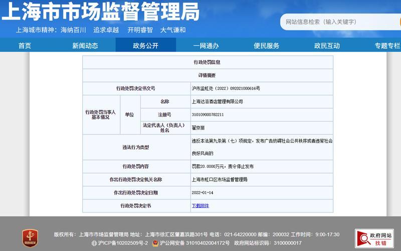 万豪旗下上海外滩W酒店因广告违法遭罚20万元 业主方为金光集团子公司