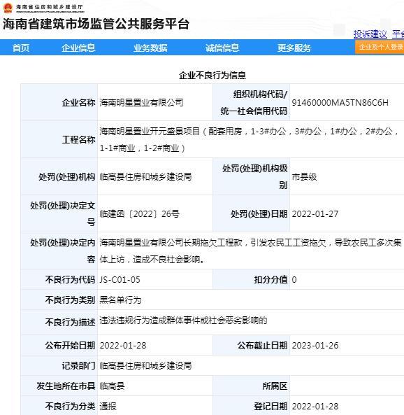 海南明星置业有限公司被列入黑名单 因拖欠工程款导致多次农民工上访