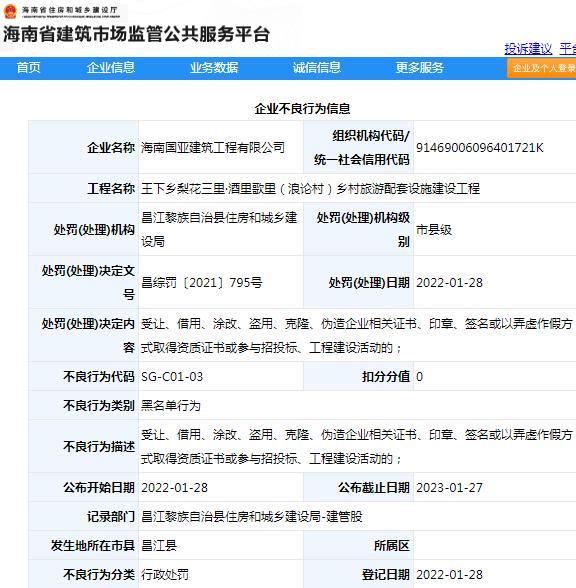 海南国亚建筑工程有限公司被列入黑名单 因以弄虚作假方式取得资质证书