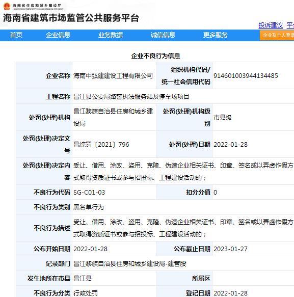 以弄虚作假方式取得资质证书 海南中弘建建设工程有限公司被列入黑名单