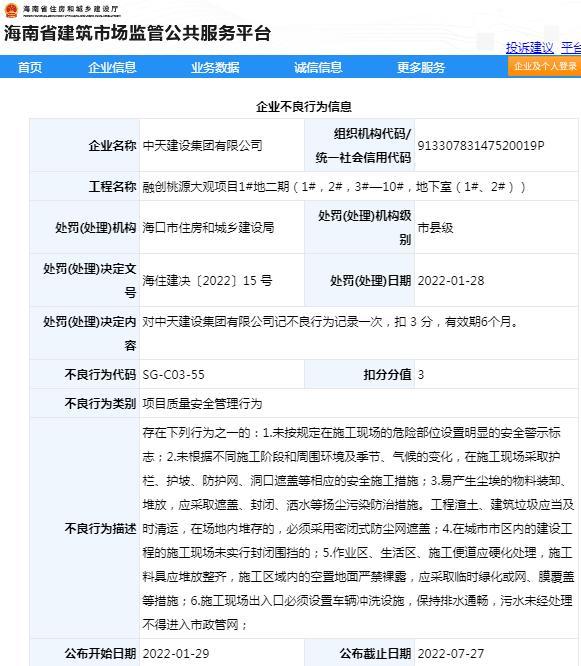 融创桃源大观项目质量安全管理不规范 中天建设集团有限公司被扣3分