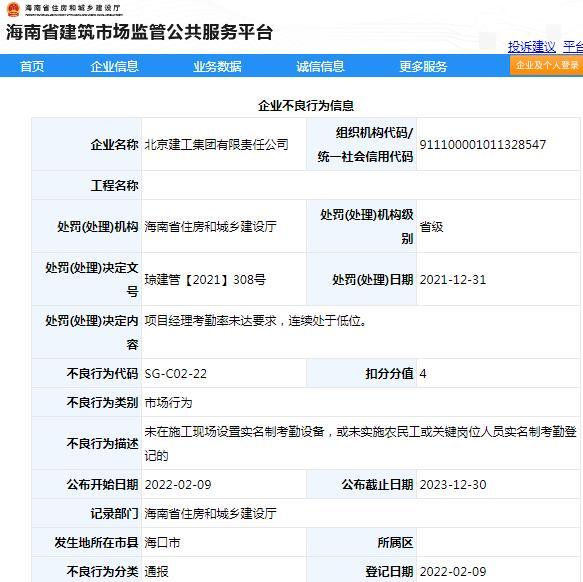 北京建工集团有限责任公司遭通报批评 因项目管理不合格