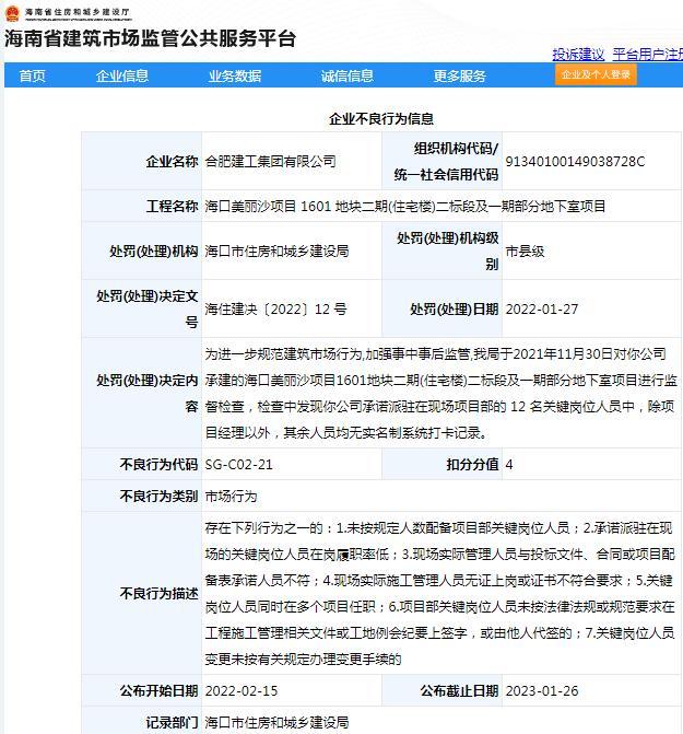 合肥建工集团有限公司因一项目管理不规范被扣4分