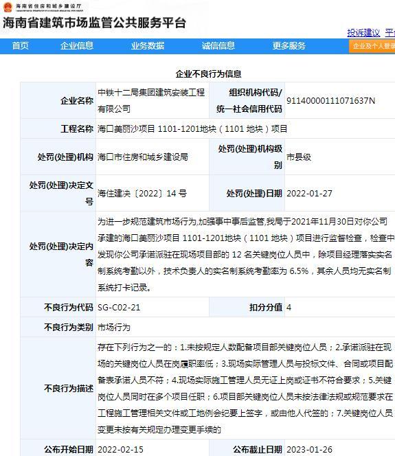 项目管理不规范 中铁十二局集团建筑安装工程有限公司被扣4分