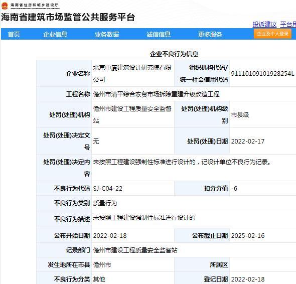 未按标准设计 北京中厦建筑设计研究院有限公司被扣6分