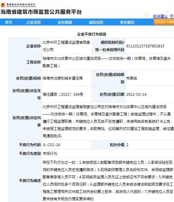 项目管理不合格 北京中环工程建设监理有限责任公司遭通报批评