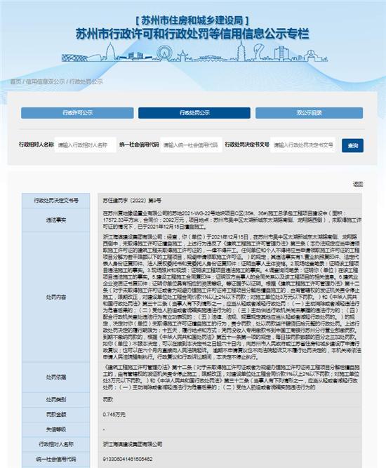浙江海滨建设集团有限公司无证擅自施工被罚0.745万元