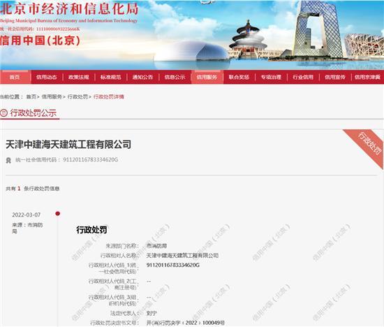天津中建海天建筑工程有限公司消防违规 被罚1万元