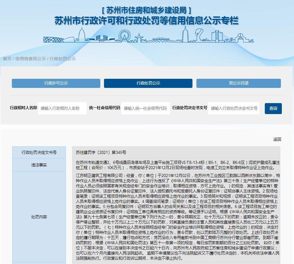 江苏明正建筑工程有限公司特种作业人员无证上岗被罚6万元