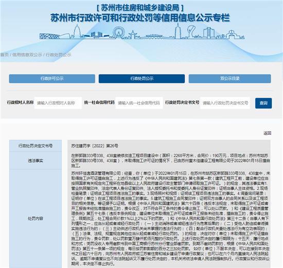 苏州轩佳逸酒店管理有限公司无证擅自施工被罚1.42万元