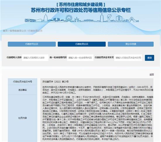 江苏民生建设有限公司无证擅自施工被罚1.99万元