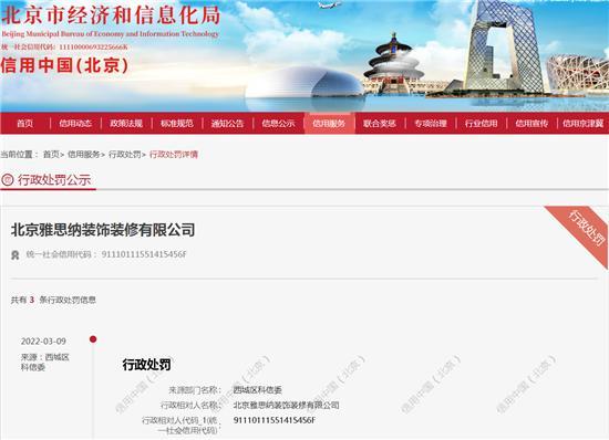 北京雅思纳装饰装修有限公司因防尘措施不到位被罚款