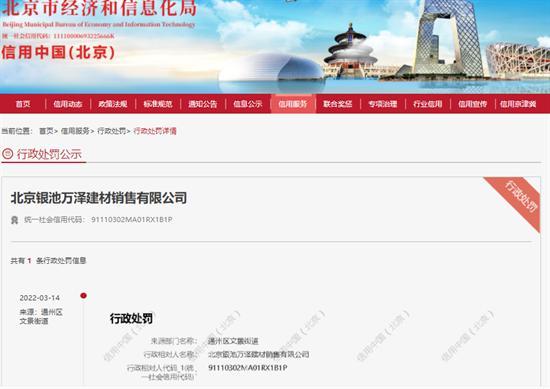 北京银池万泽建材销售有限公司防尘不到位被罚1万元