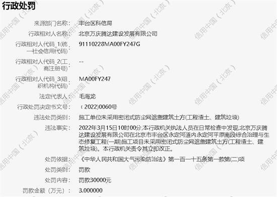 北京万庆腾达建设发展有限公司防尘不到位被罚3万元