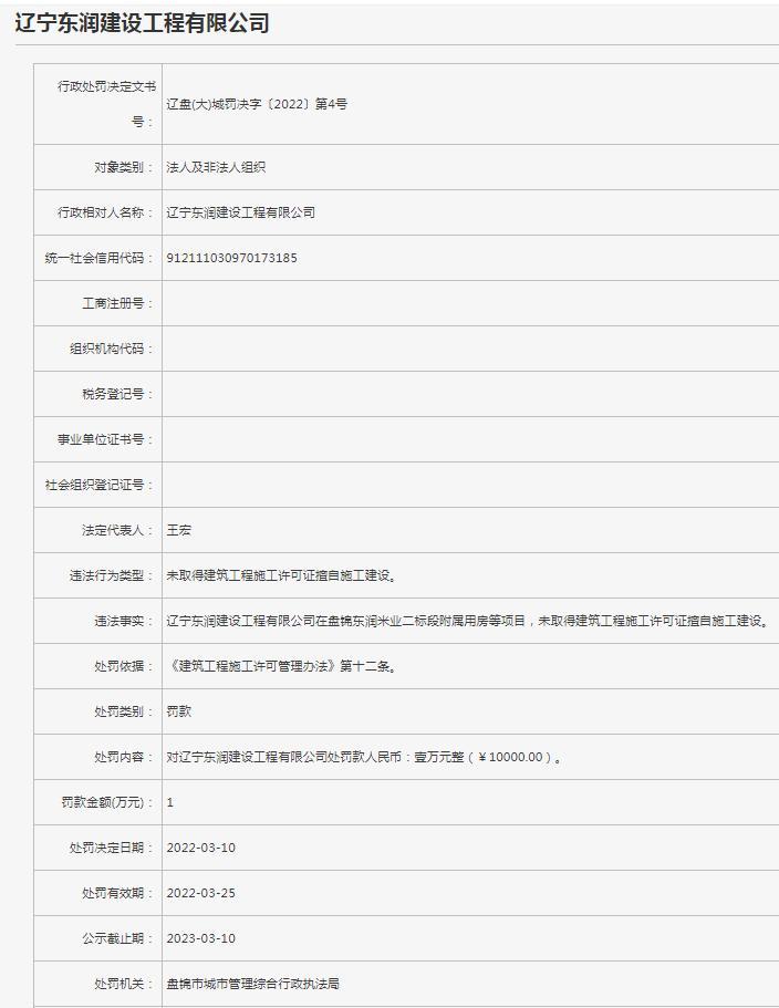 辽宁东润建设有限公司无证施工被罚1万元