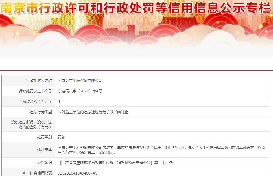 南京苏宁工程咨询有限公司未书面制止违建被罚3万元