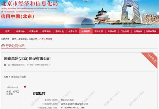 国泰昌盛(北京)建设有限公司建筑工地土方未苫盖被罚1万元