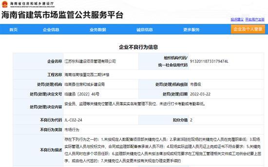 江苏东科建设项目管理有限公司管理不到位被扣2分