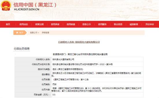 勃利县光大建筑有限公司无证施工被罚0.5万元