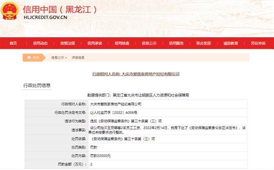 大庆市爱我家房地产经纪有限公司拖欠员工工资被罚2万元