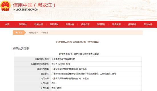 大庆鑫垠环保工程有限公司项目配套环保设施未建设被罚25万元