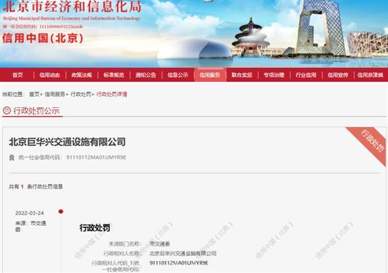 北京巨华兴交通设施有限公司占路施工影响交通被罚